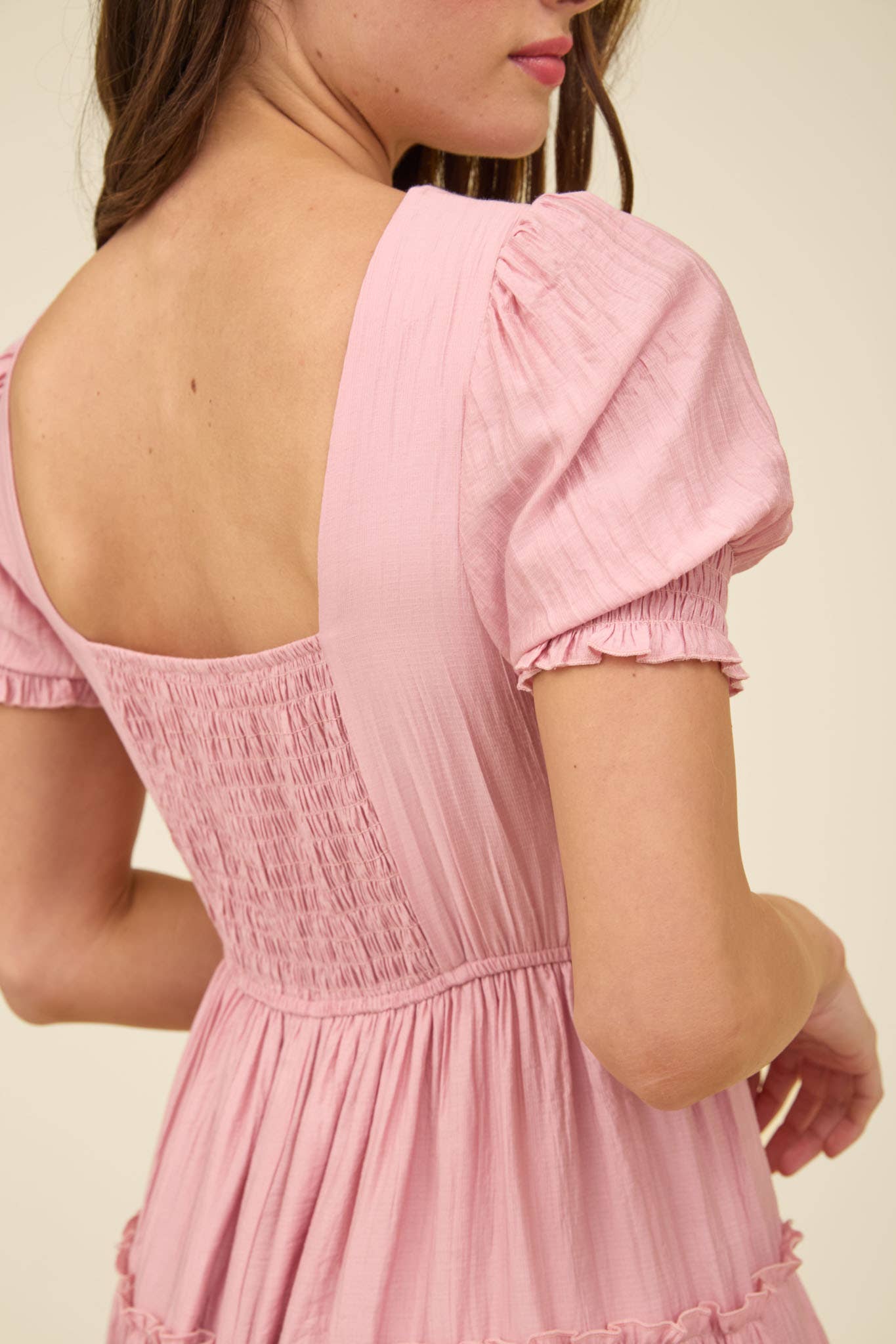 Pink Square Neck Smocked Mini Dress