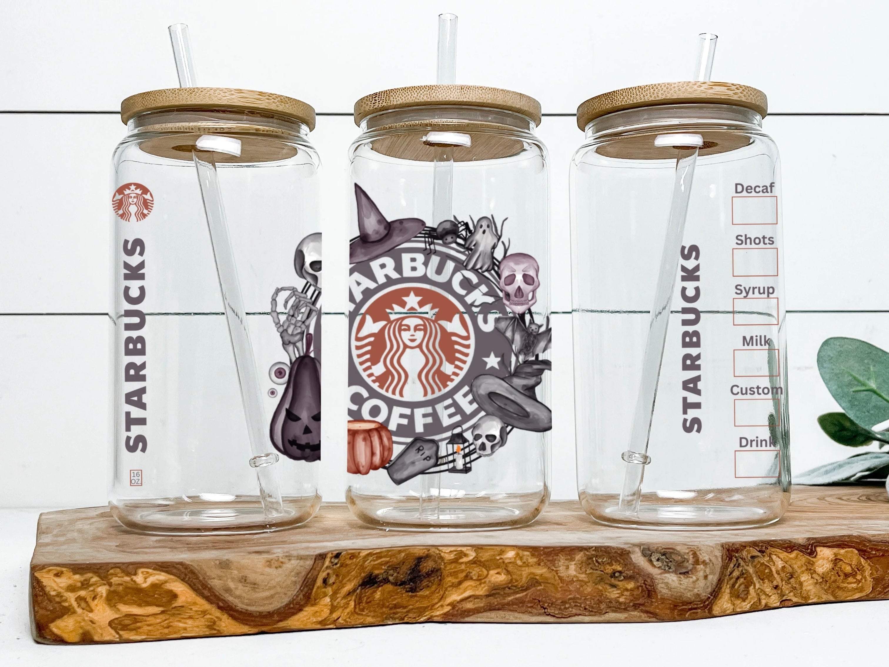 16oz Can Glass with Lid & Straw - Spooky Designs