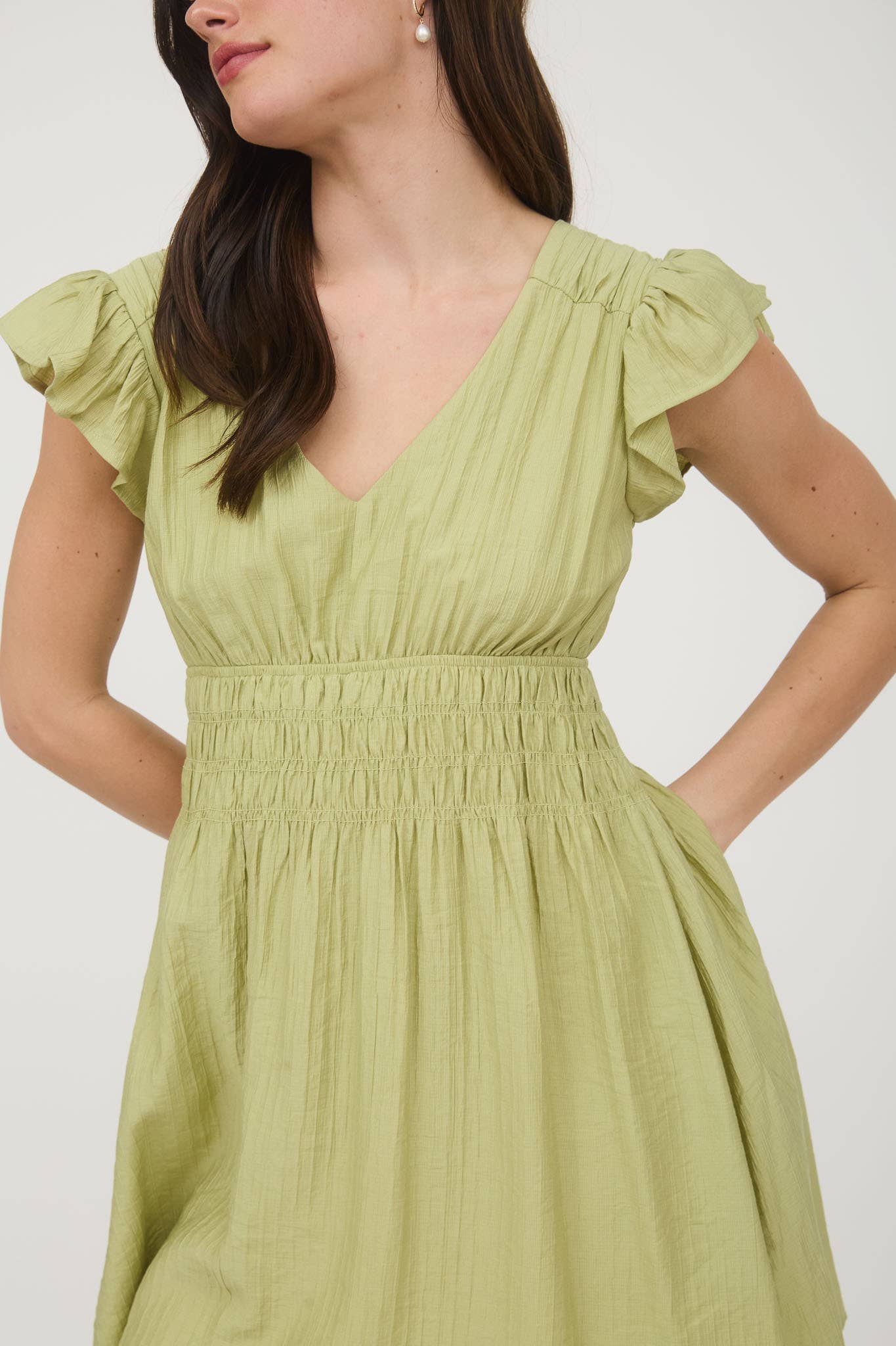Kiwi Shirred Waist Ruffle Sleeve Mini Dress