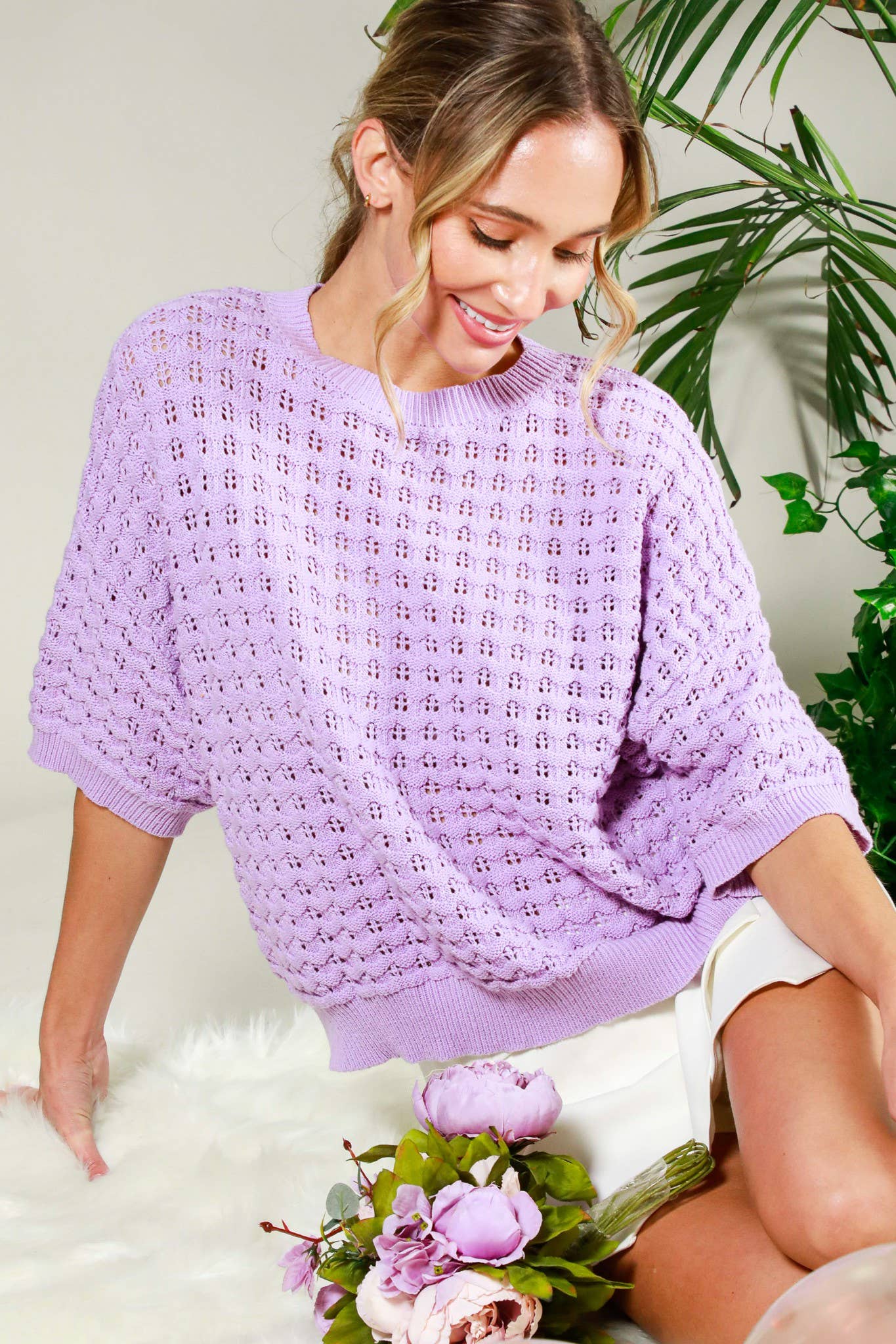 Crew Neck Crochet Textured Knitted Sweater