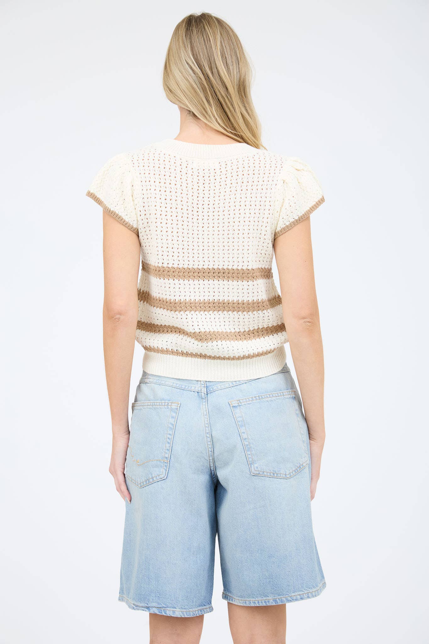 Khaki Stripe Short Sleeve Crochet Knit Top