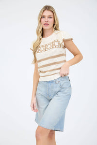 Khaki Stripe Short Sleeve Crochet Knit Top
