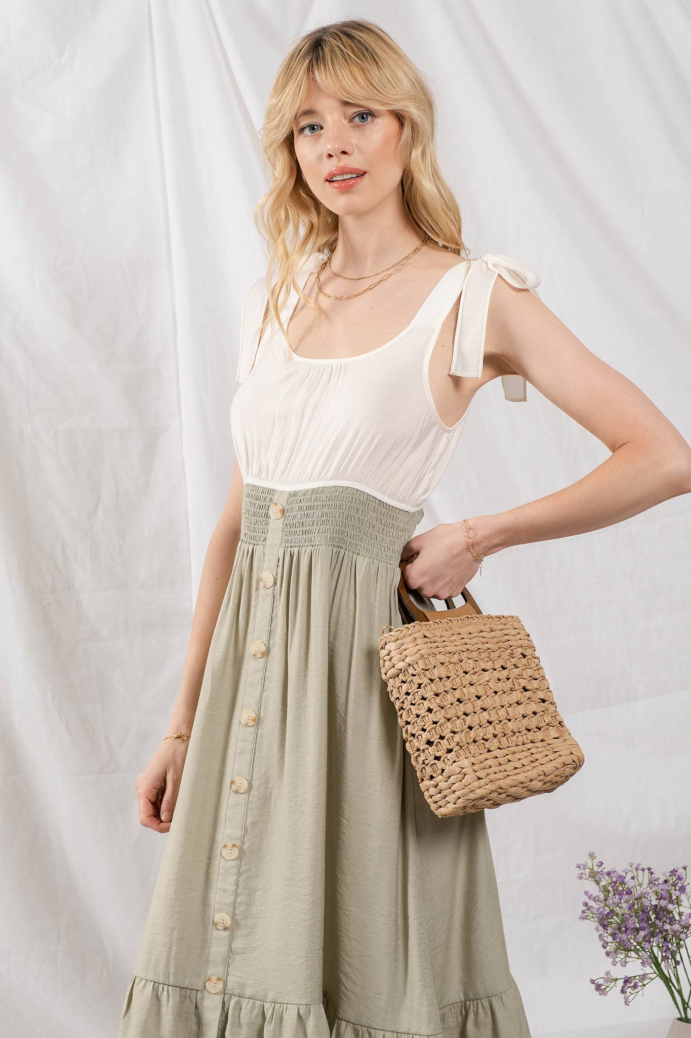 Light Olive Button Down Midi Dress