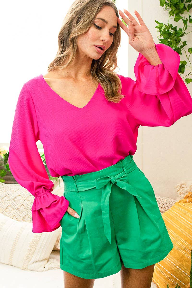 High-Rise Pin-Tuck Shorts in Green
