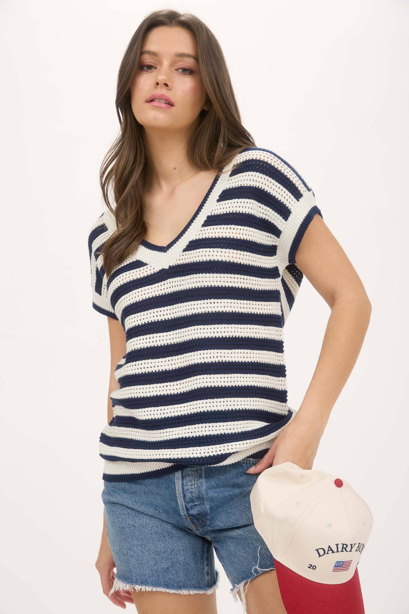 Navy Stripe Crochet Knit Short Sleeve Sweater