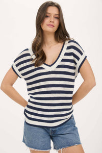 Navy Stripe Crochet Knit Short Sleeve Sweater