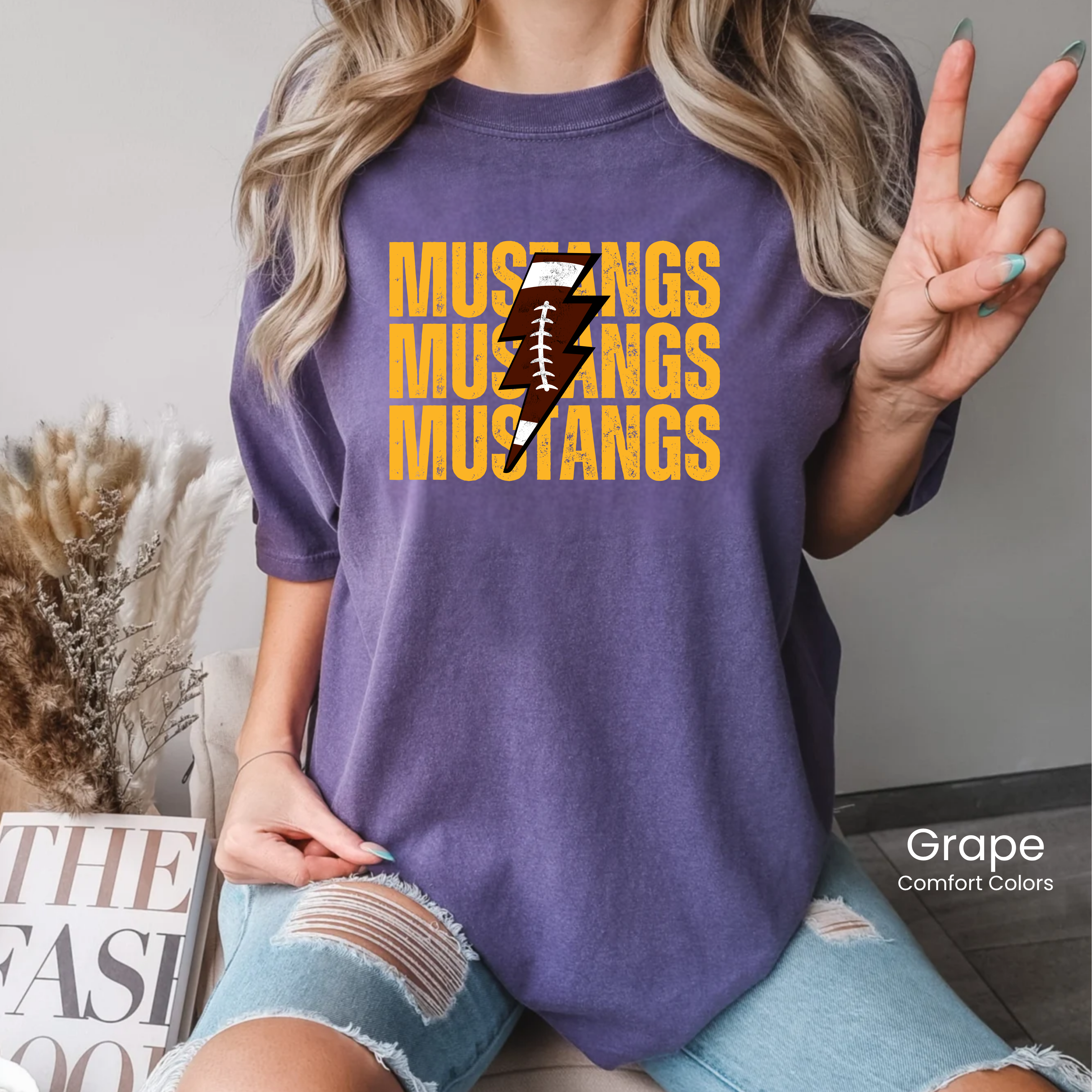 Comfort Colors Mustangs Football Lightening Bolt Tee