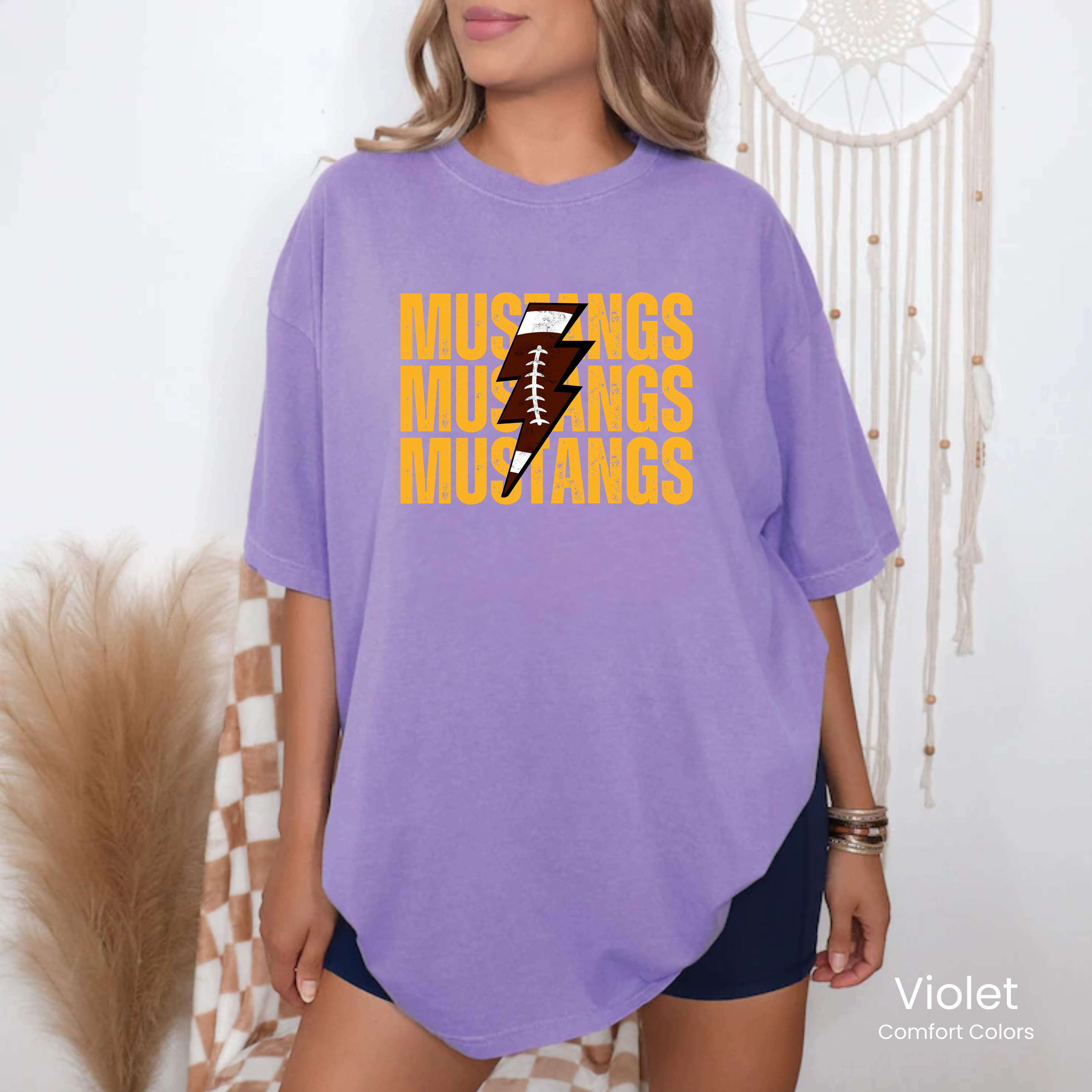 Comfort Colors Mustangs Football Lightening Bolt Tee