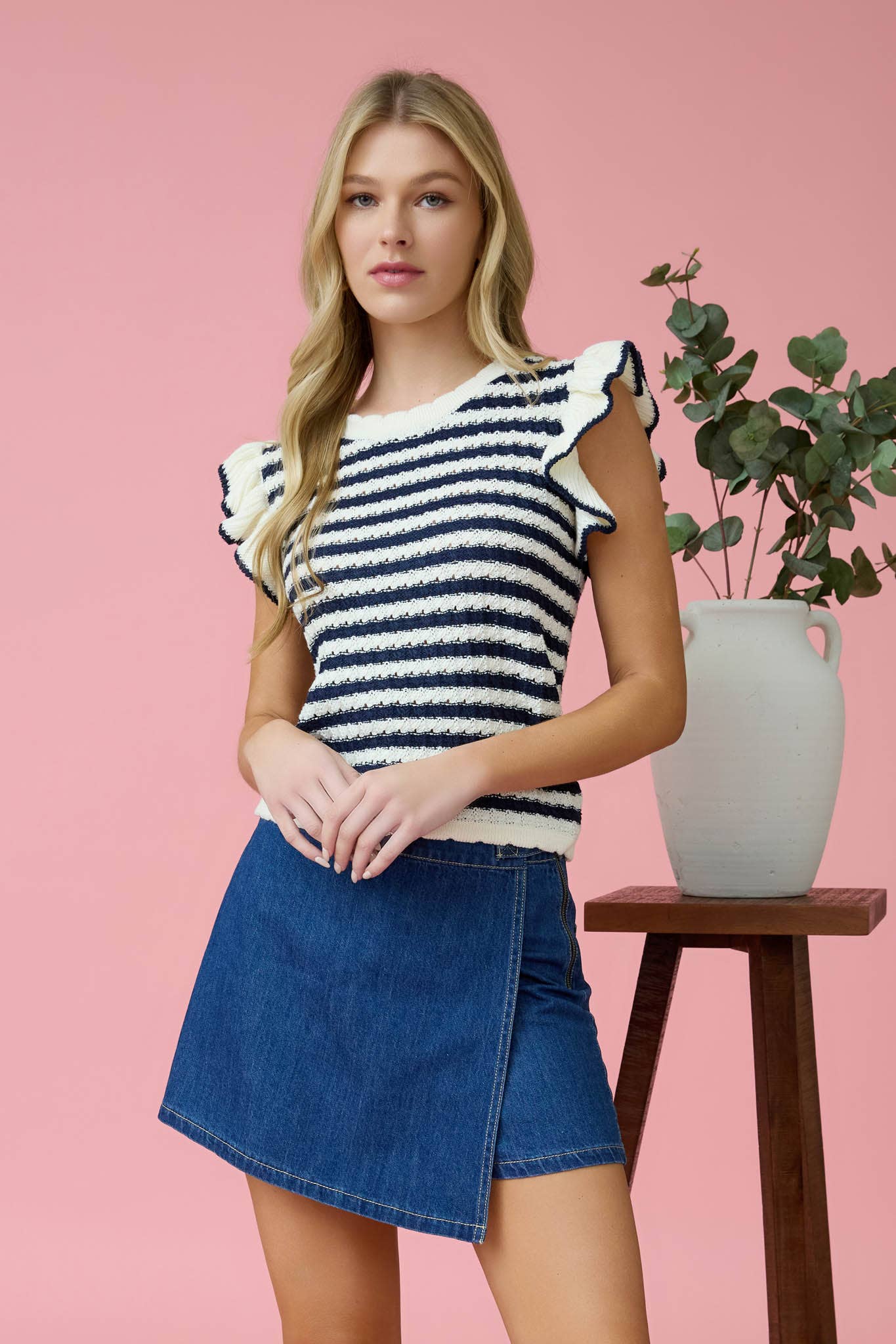 Ruffle Short Sleeve Stripe Knit Top