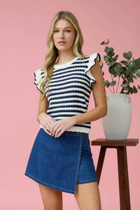 Ruffle Short Sleeve Stripe Knit Top