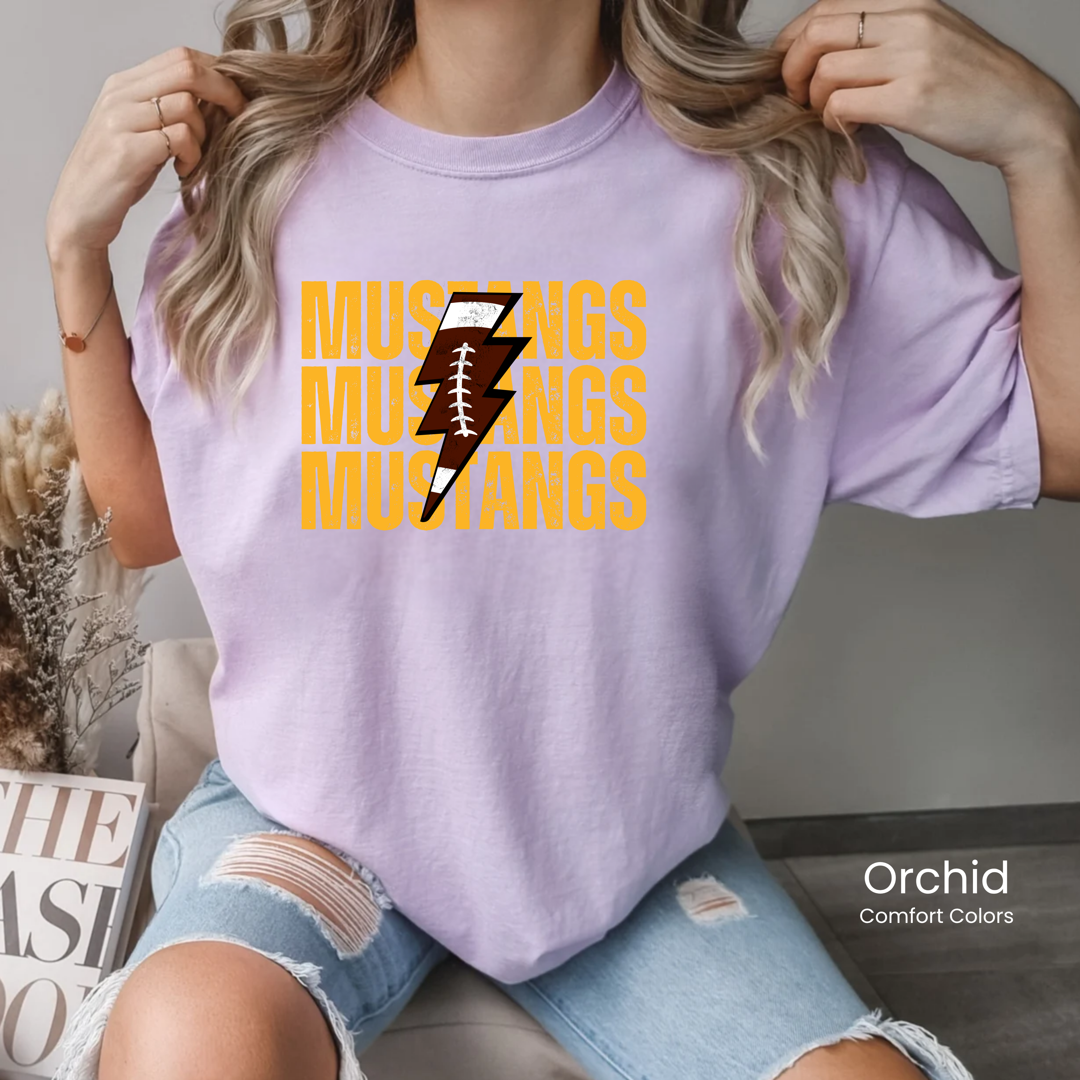Comfort Colors Mustangs Football Lightening Bolt Tee