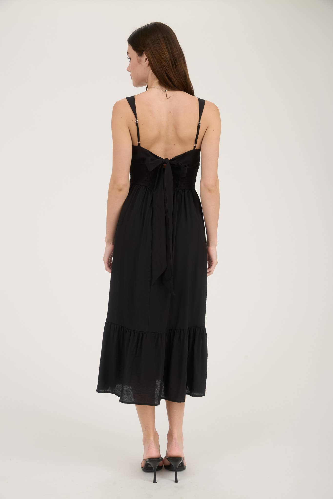 Black Smocked Ruffle Sleeveless Midi Dress