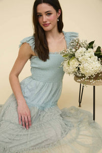 Polka Dot Chiffon Smocked Tiered Midi Dress in Sage
