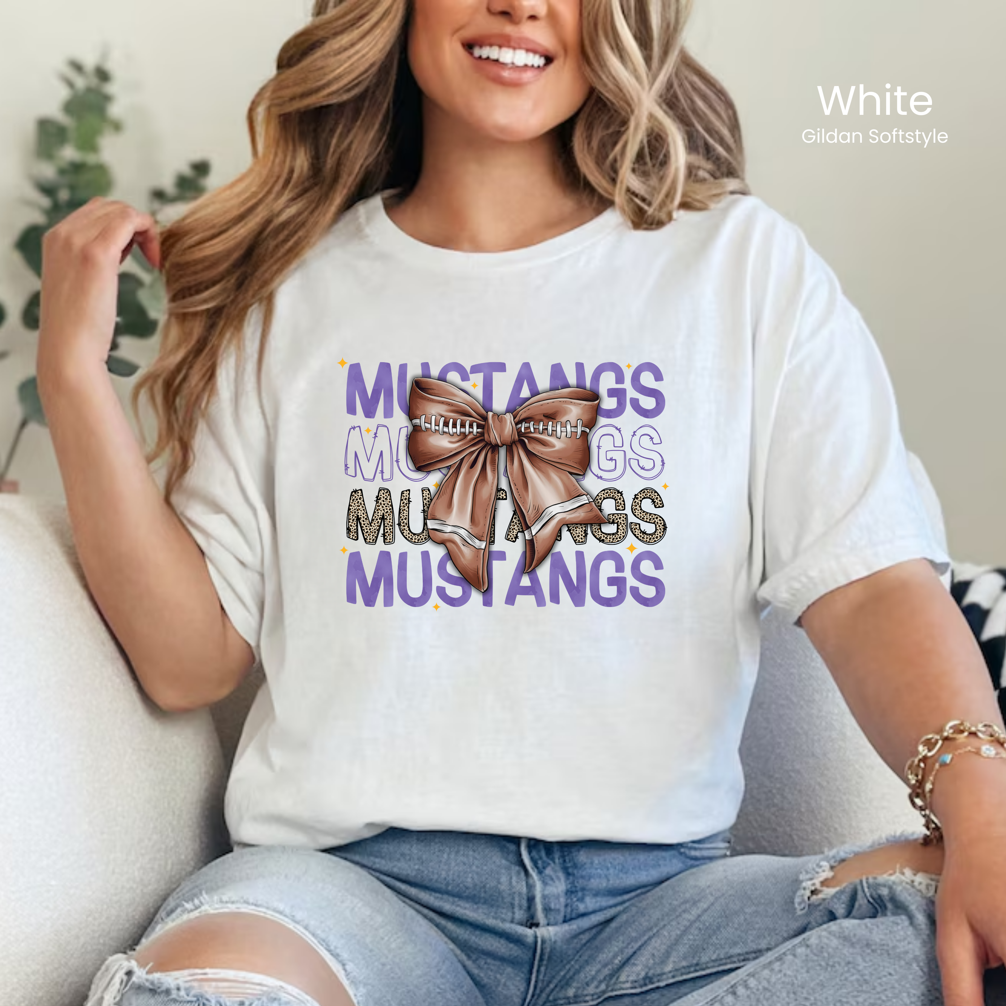Gildan Softstyle Mustangs Watercolor Football Bow Tee