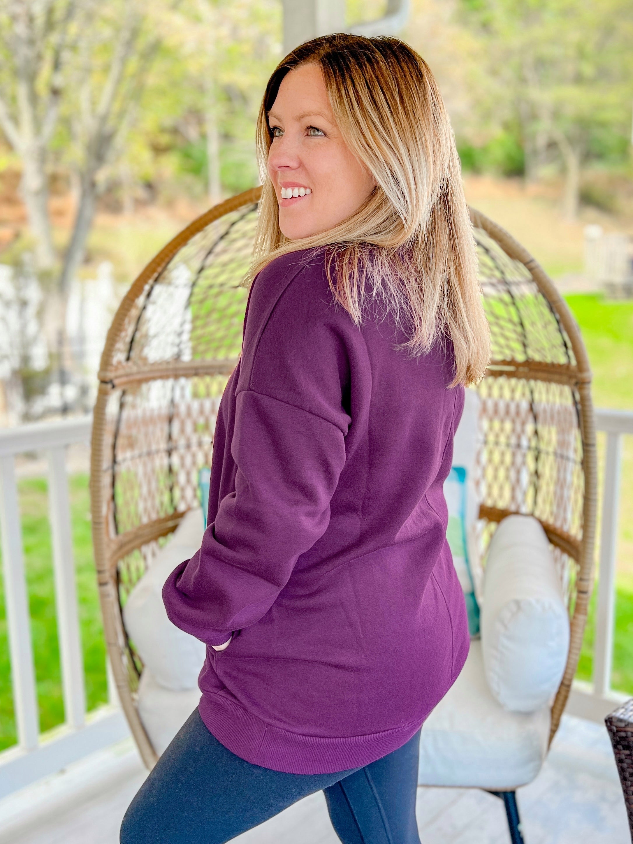 Double Pocket Super Soft Pullover in Dark Plum - DOORBUSTER