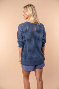Round Neck Open Knit Sweater in Denim Blue