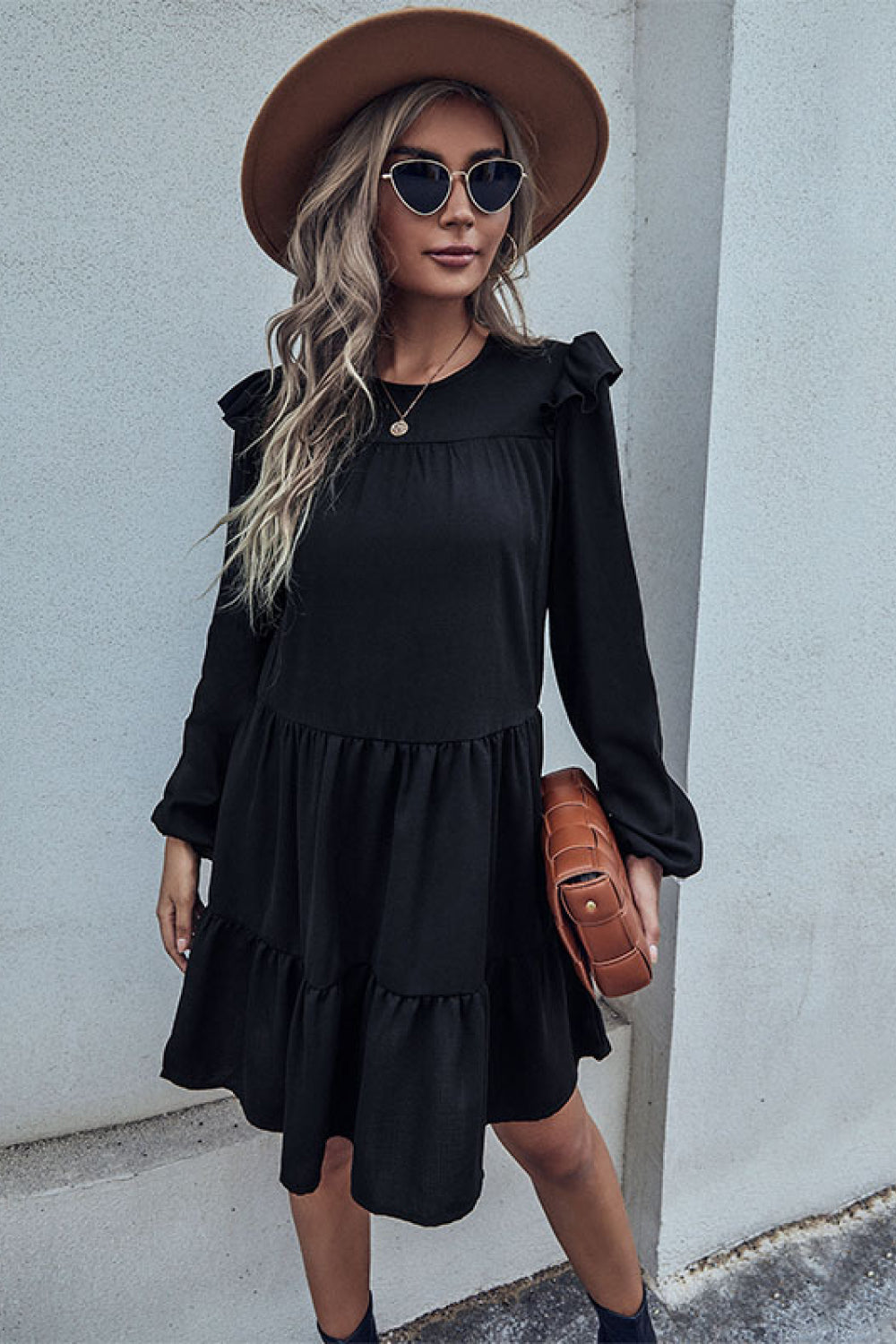 Black Ruffle Shoulder Tiered Dress