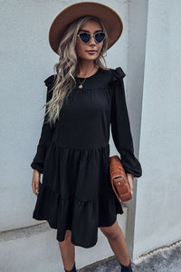 Black Ruffle Shoulder Tiered Dress