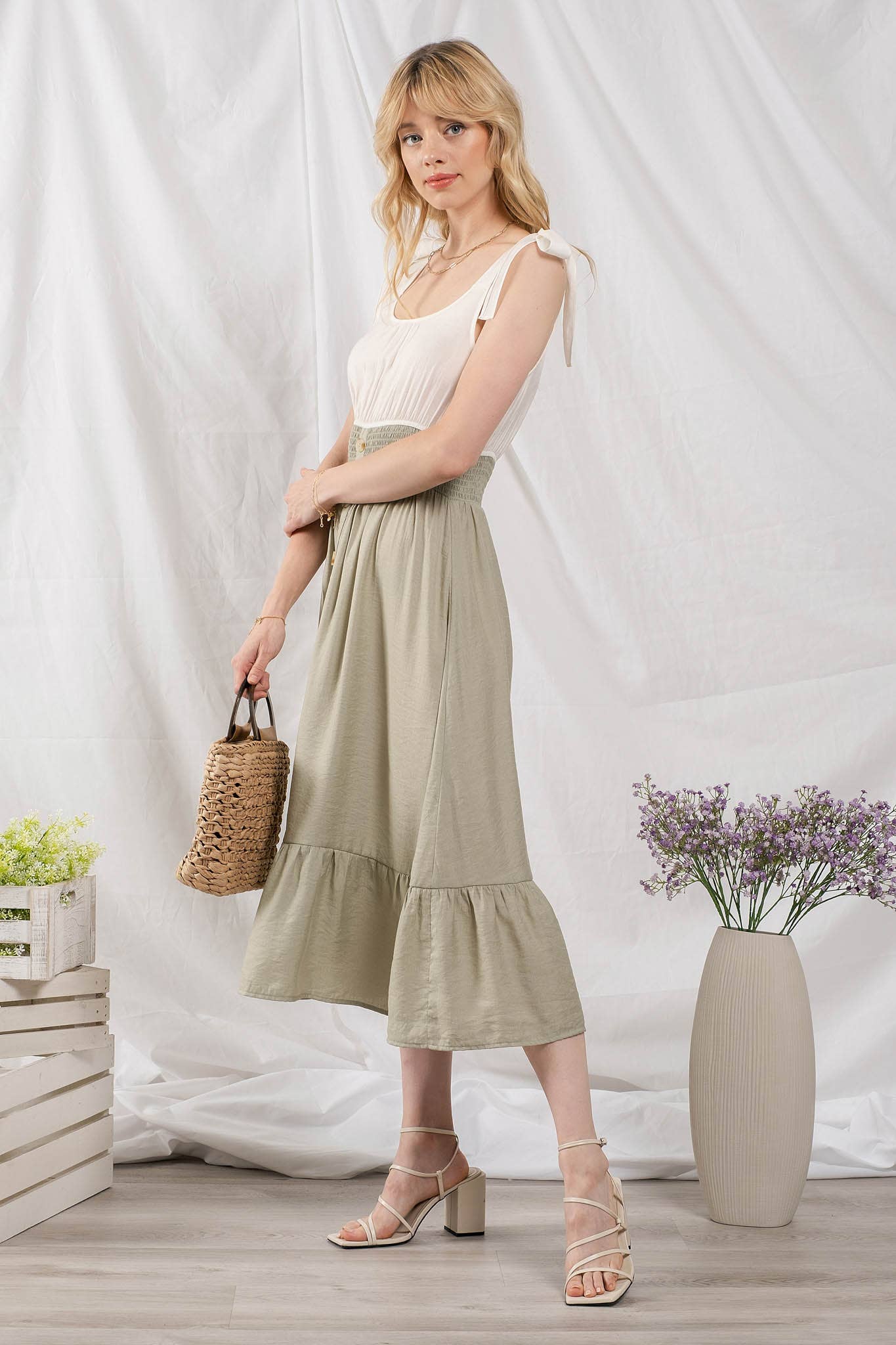 Light Olive Button Down Midi Dress