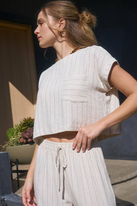 Coastal Vibes Pinstripe Back Button Crop