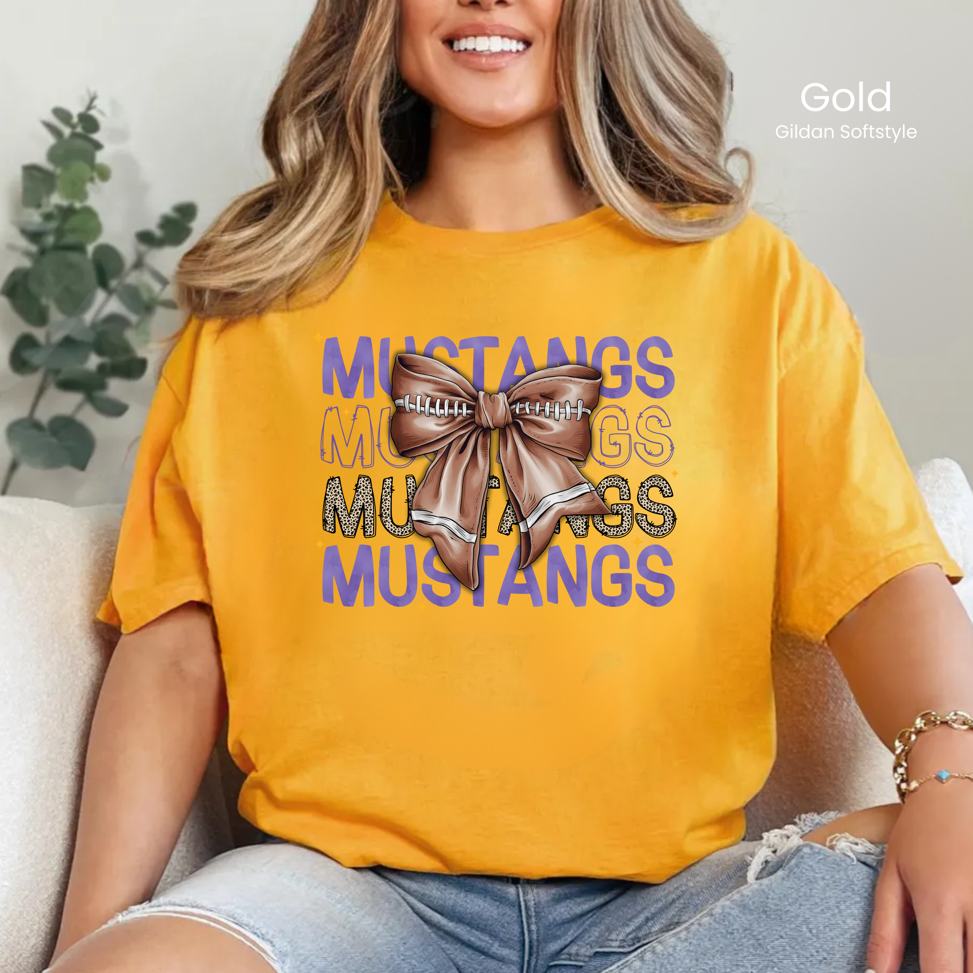 Gildan Softstyle Mustangs Watercolor Football Bow Tee