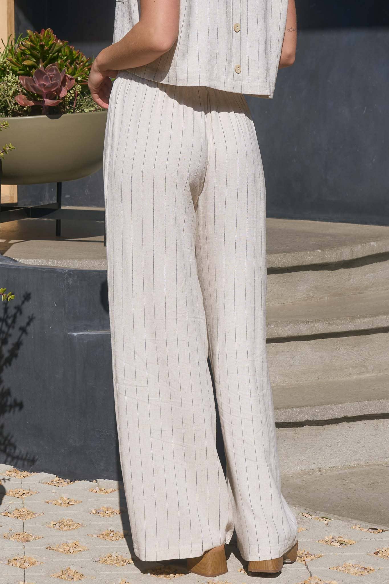 Coastal Vibes Oatmeal Pinstripe Wide Leg Linen Pants
