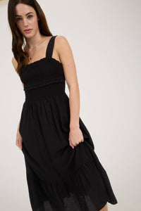 Black Smocked Ruffle Sleeveless Midi Dress