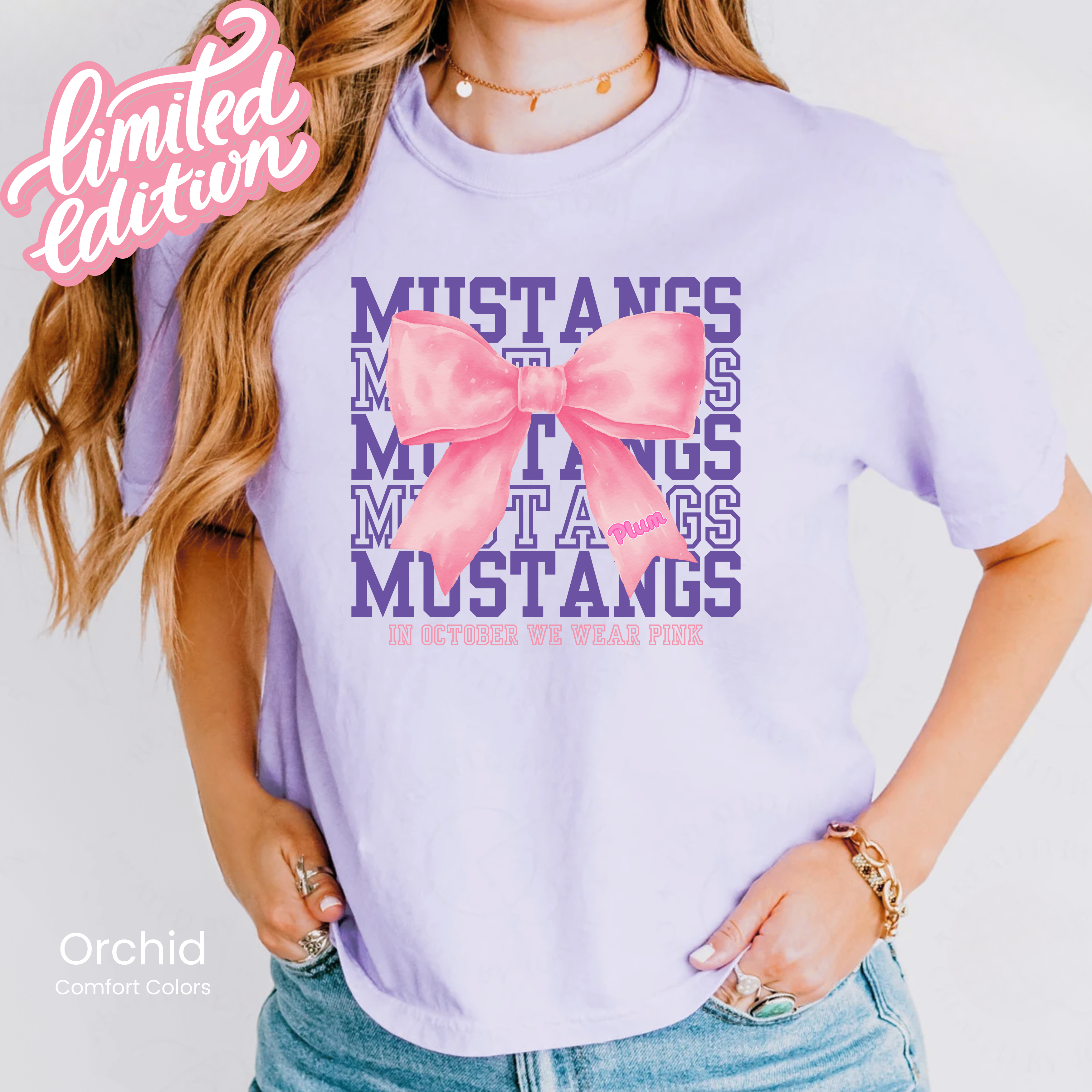 Comfort Colors Boxy Crop Mustangs PINK Bow Tee