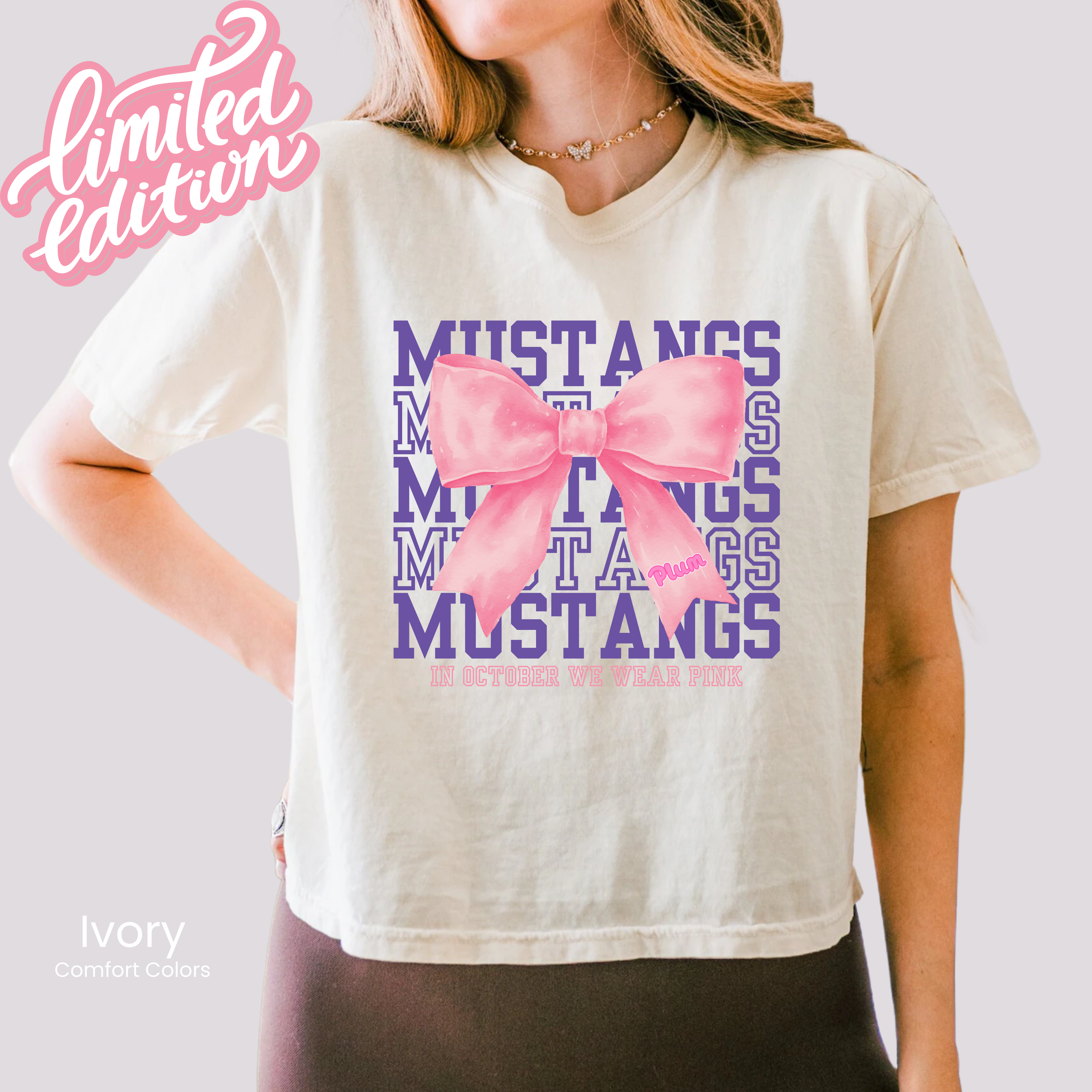 Comfort Colors Boxy Crop Mustangs PINK Bow Tee