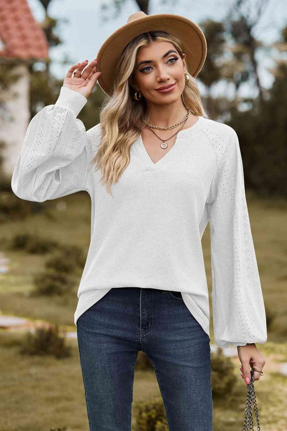 White Notched Raglan Sleeve Blouse