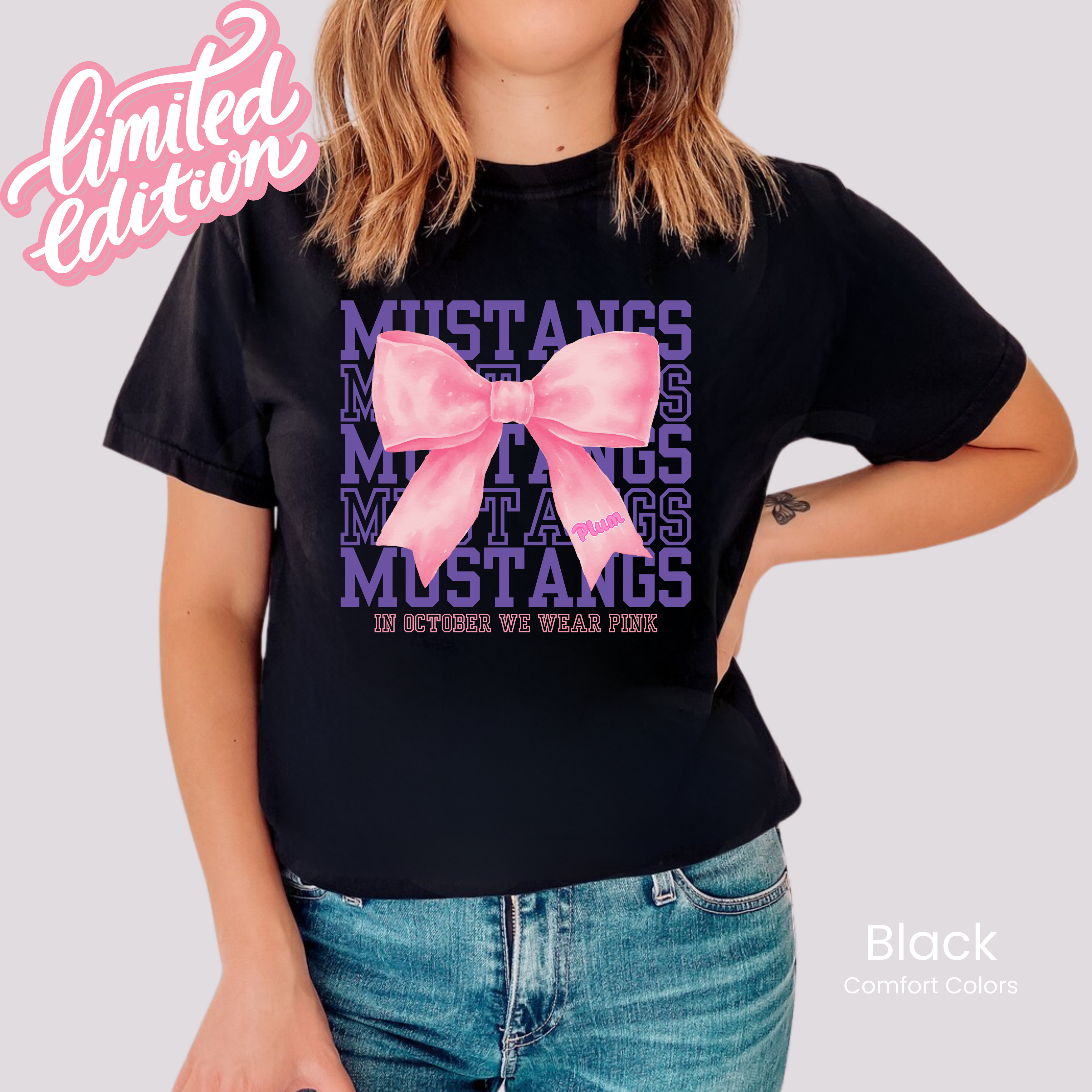 Comfort Colors Boxy Crop Mustangs PINK Bow Tee