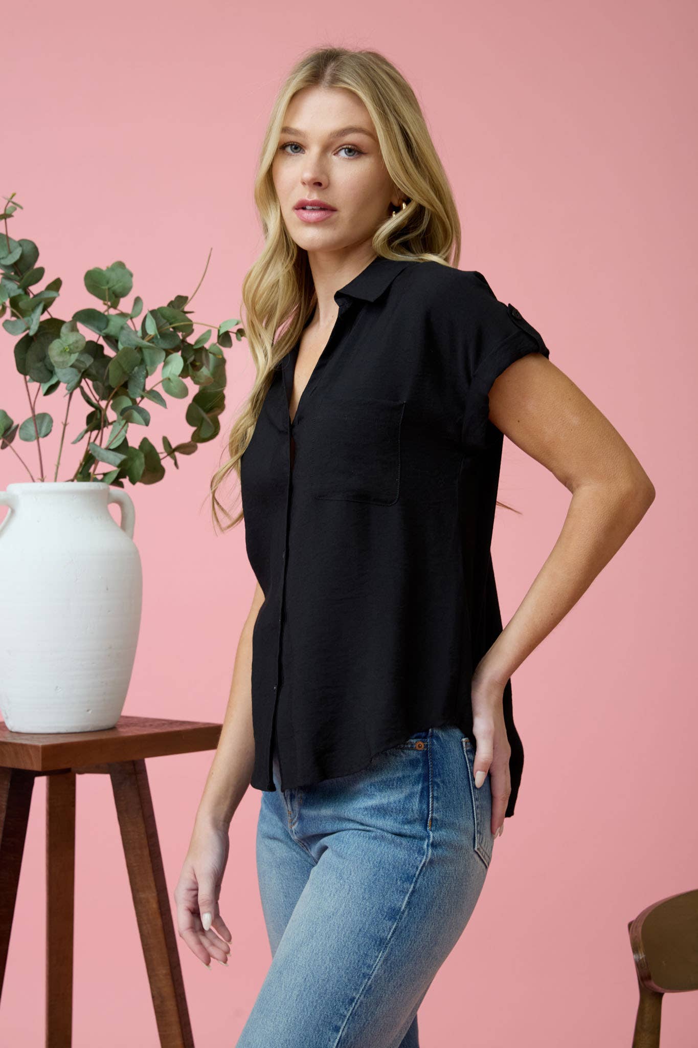 Short Sleeve Button Down in Black