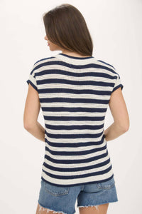Navy Stripe Crochet Knit Short Sleeve Sweater