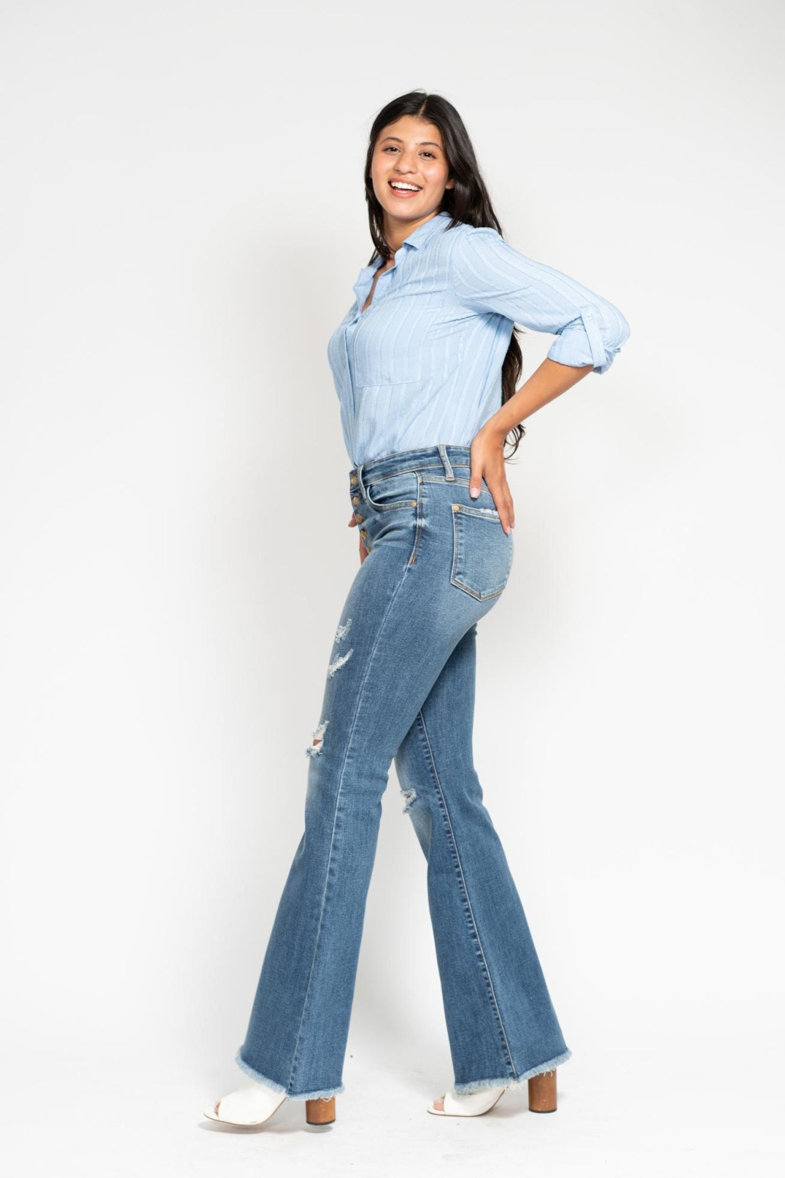 Fallon Mid Rise Button Fly Flares