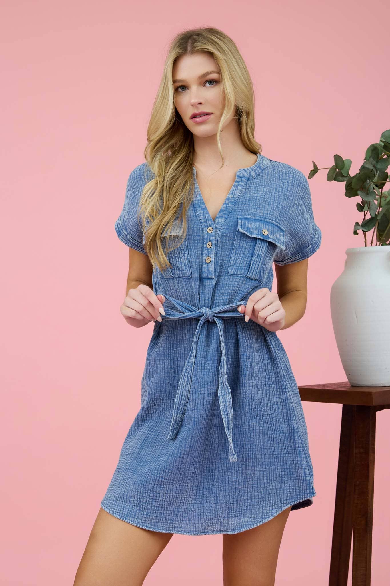 Chambray Half Button Mini Dress