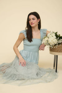 Polka Dot Chiffon Smocked Tiered Midi Dress in Sage