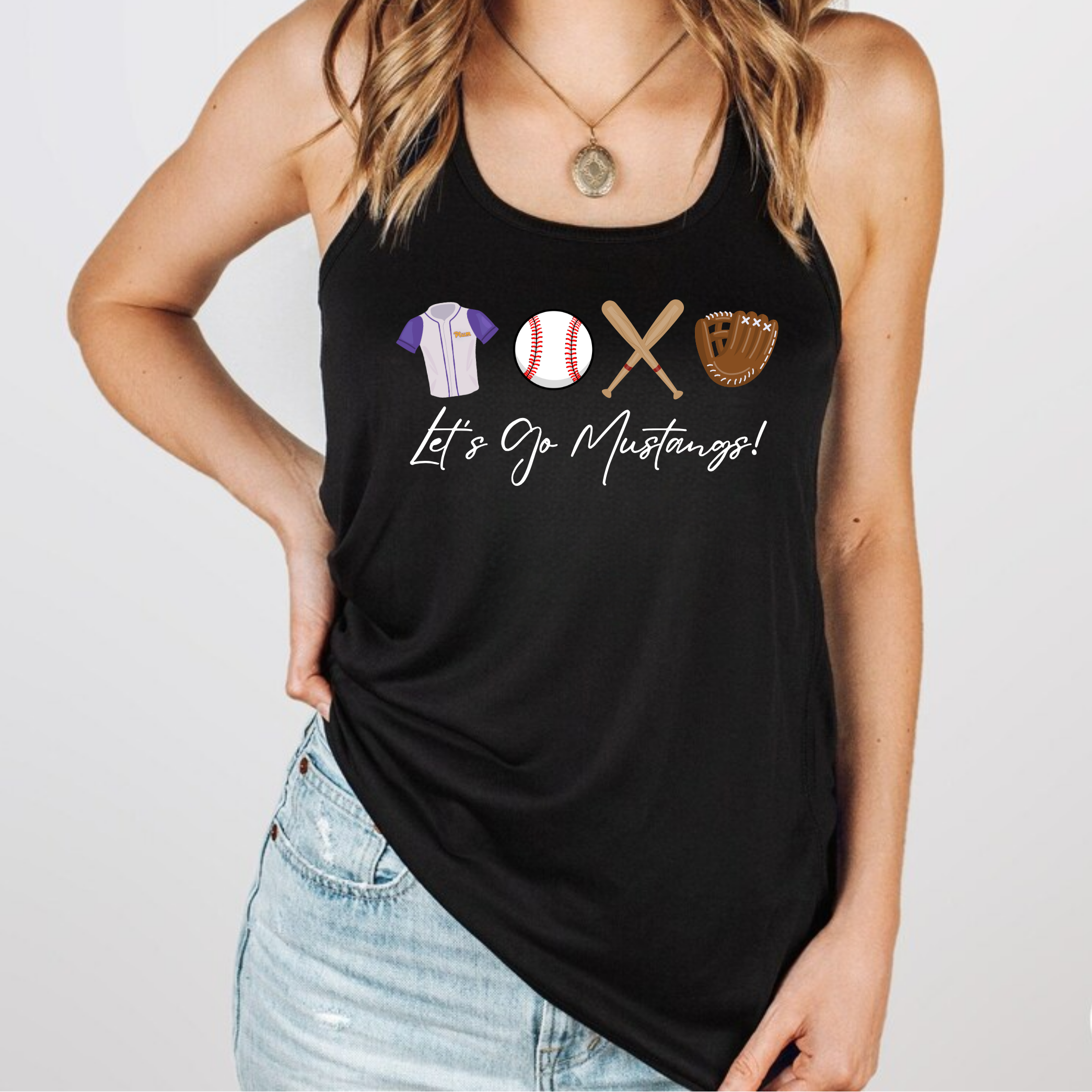 Let's Go Mustangs Baseball Flowy Racerback Tank