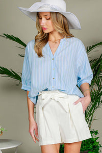 V-Neck Stripe Cotton Blouse in Blue