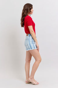 Stars & Stripes Bleach Design Fray Hem Denim Shorts