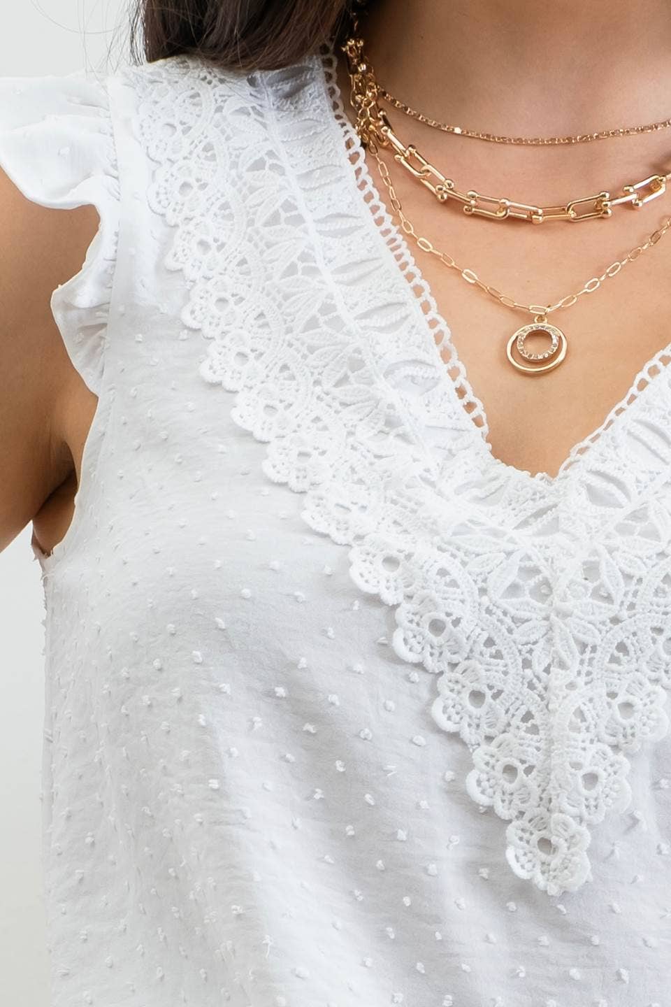 White Swiss Dot V-Neck Lace Trip Sleeveless Top