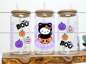16oz Can Glass with Lid & Straw - Spooky Designs