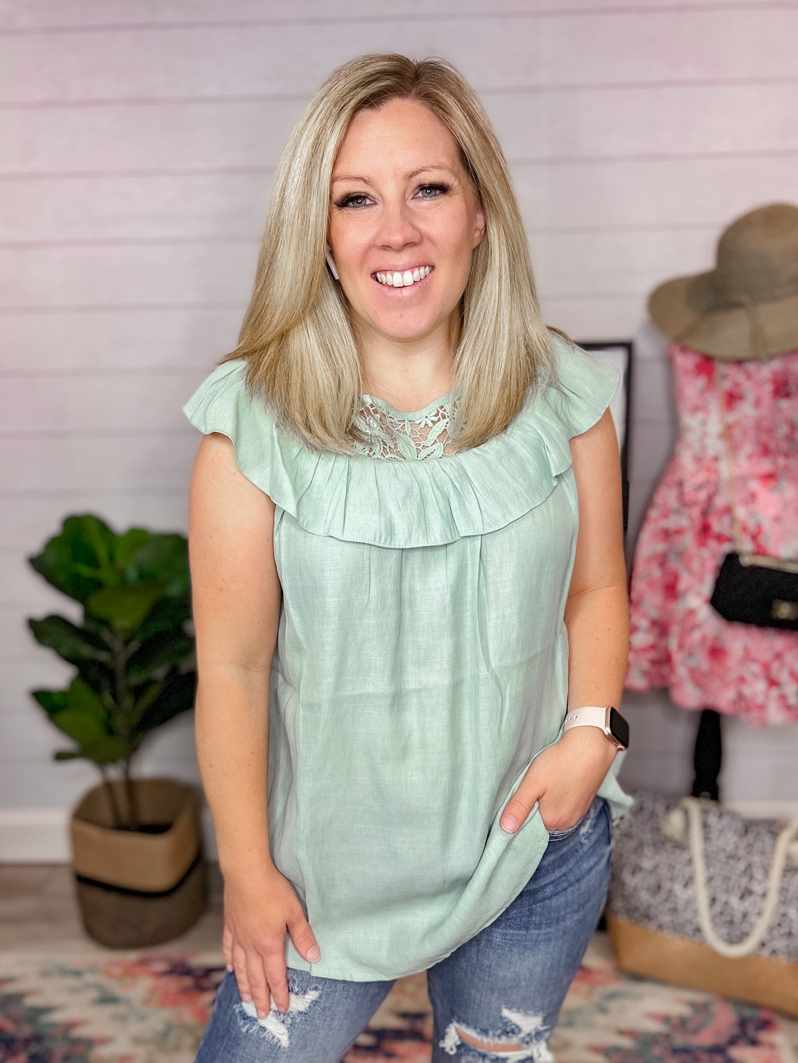 Misty Sage Crochet Ruffle Top