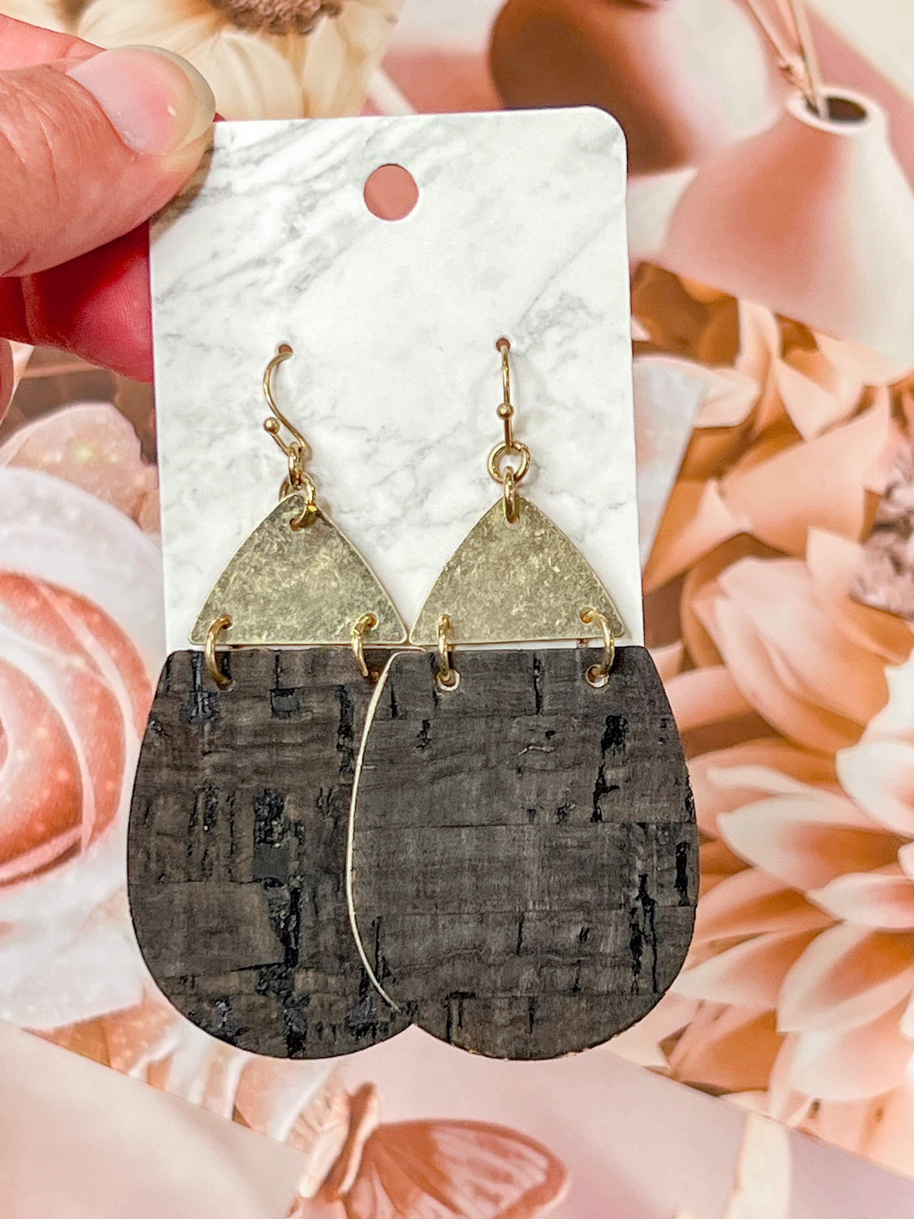 Hammered Metal & Cork Teardrop Drop Earrings in Black