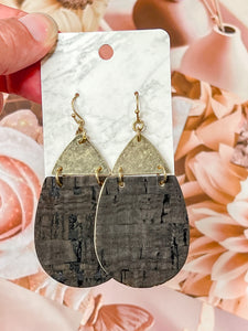 Hammered Metal & Cork Teardrop Drop Earrings in Black