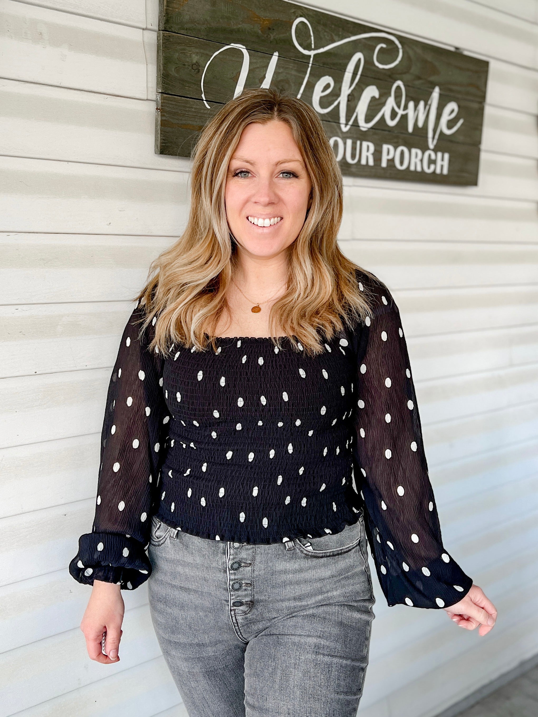 Black & White Polkadot Square Neck Top