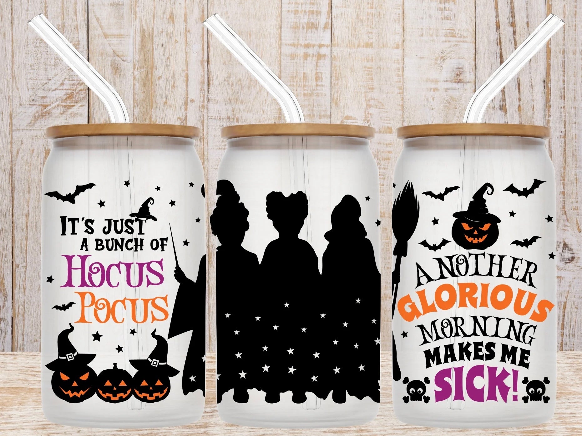 16oz Can Glass with Lid & Straw - Spooky Designs