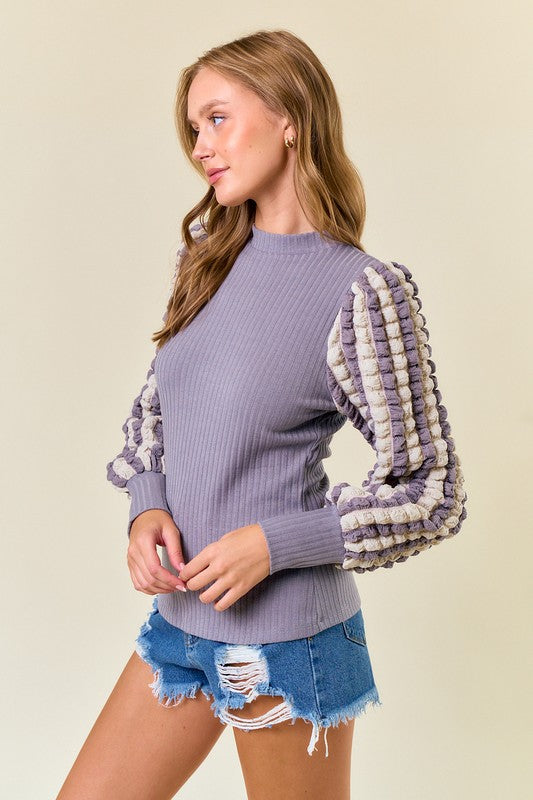 Stripe Popcorn Textured Puff Long Sleeve Top