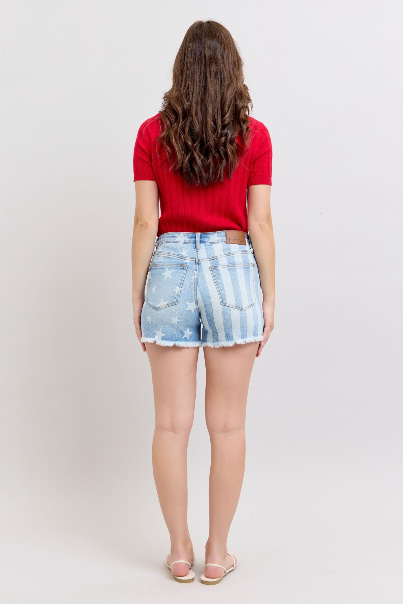 Stars & Stripes Bleach Design Fray Hem Denim Shorts