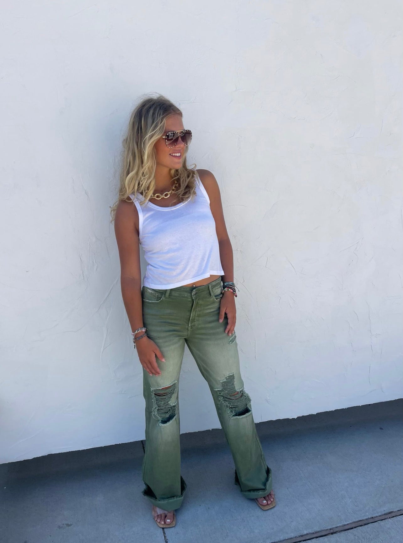 Sage Distressed Wide Leg Dad Jeans in Olive