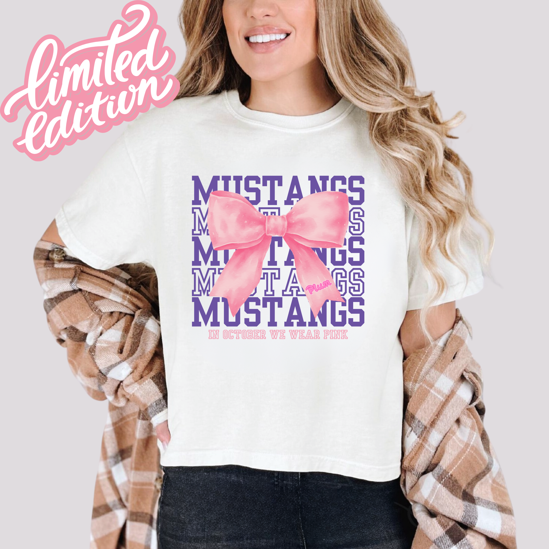 Comfort Colors Boxy Crop Mustangs PINK Bow Tee